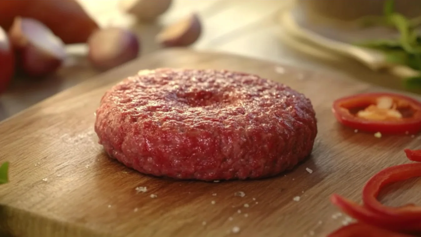 Raw burger patty with a thumbprint indentation surrounded on a wooden board.