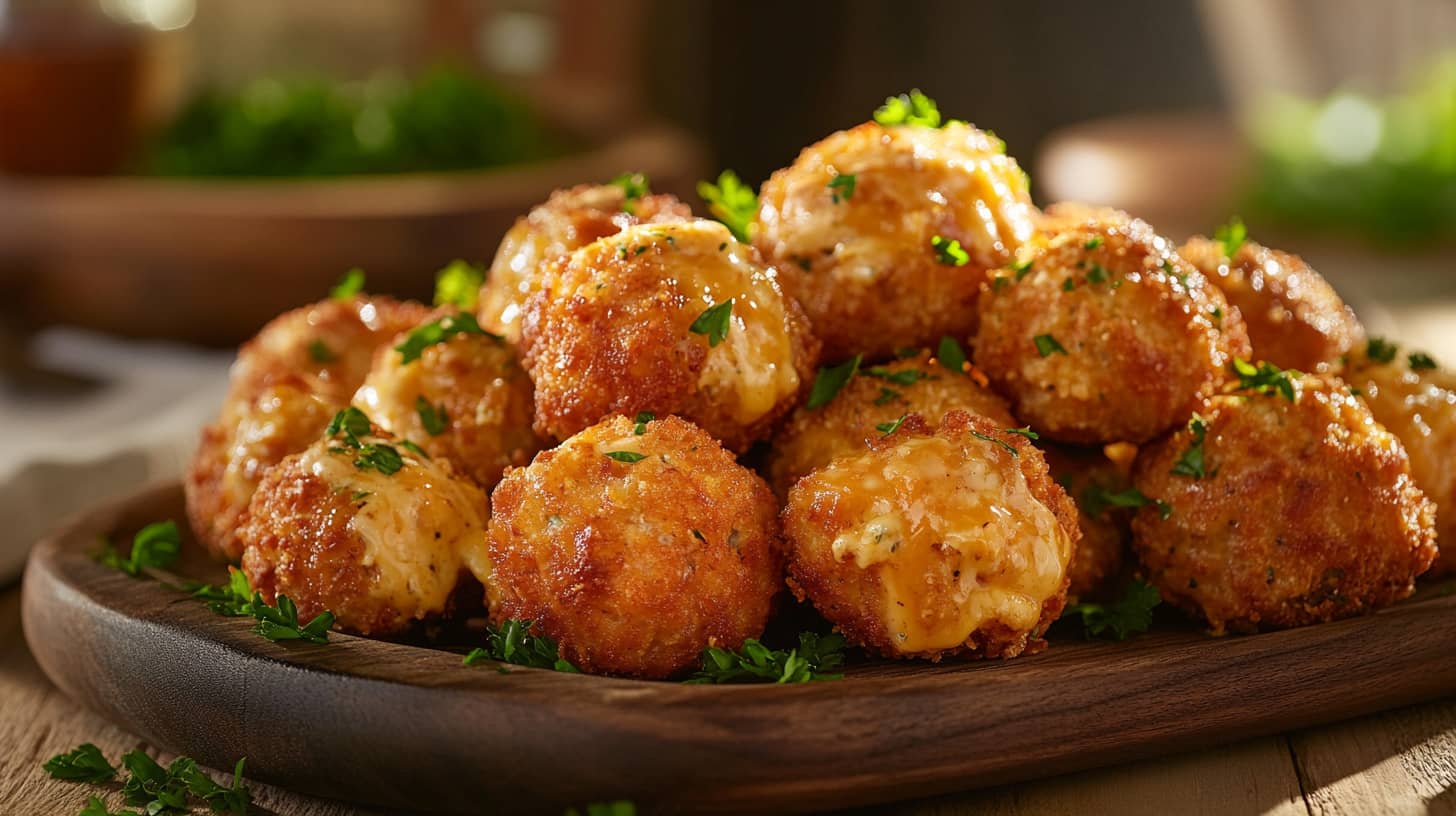 Golden-brown sausage balls on a wooden platter garnished with fresh parsley, showcasing a moist and tender texture.