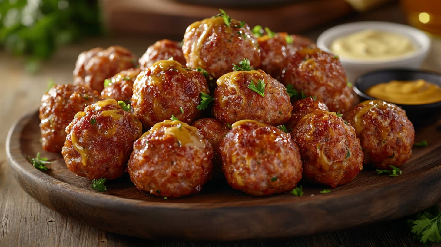 Perfectly round, golden-brown sausage balls on a wooden platter, garnished with parsley and served with dipping sauces.