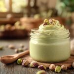 Jar of pistachio cream surrounded by pistachios and a wooden spoon