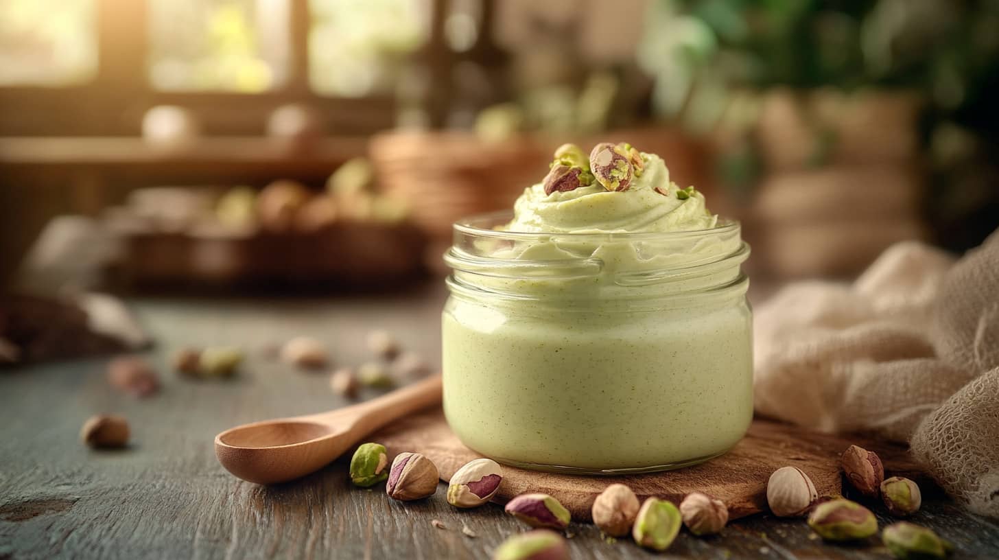 Jar of pistachio cream surrounded by pistachios and a wooden spoon