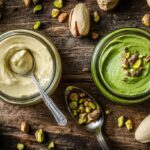 Jar of pistachio cream and jar of pistachio butter on a rustic wooden surface, surrounded by pistachios