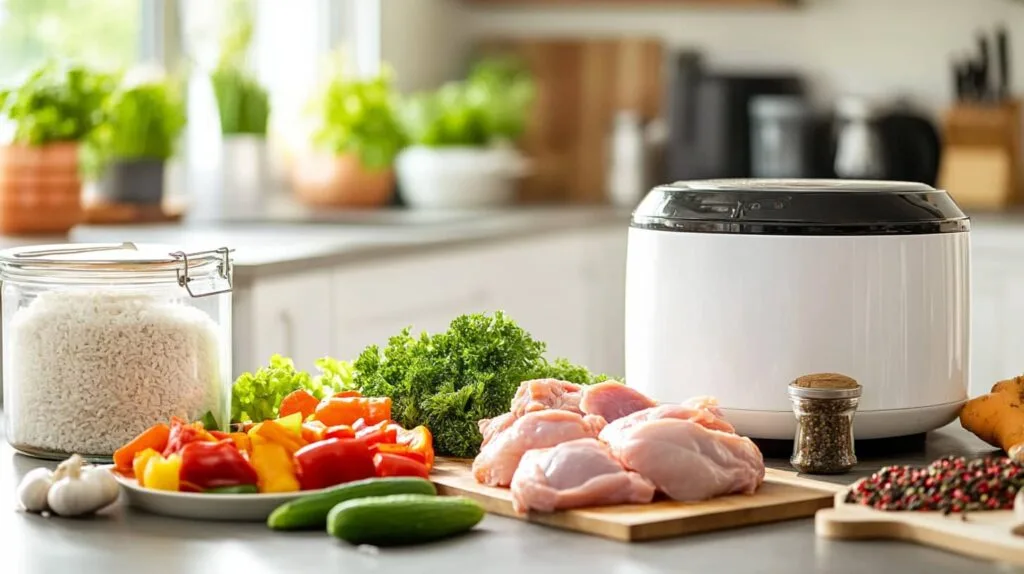 Slow cook in a rice cooker : Chopped vegetables and raw chicken next to a rice cooker