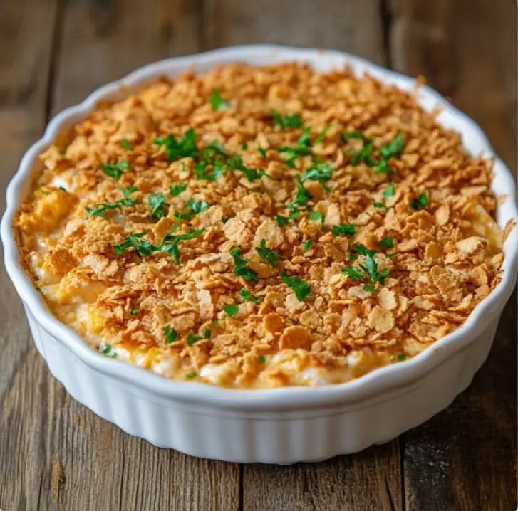 Ritz Cracker Chicken Casserole with a golden crispy crust in a white baking dish