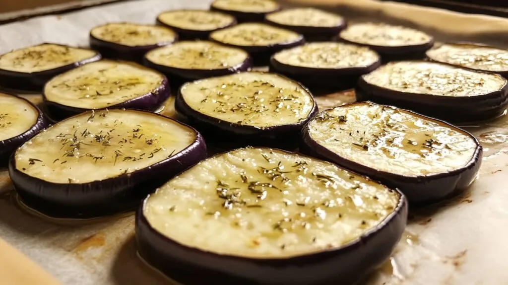 Slices of eggplant on a baking sheet ready for roasting.