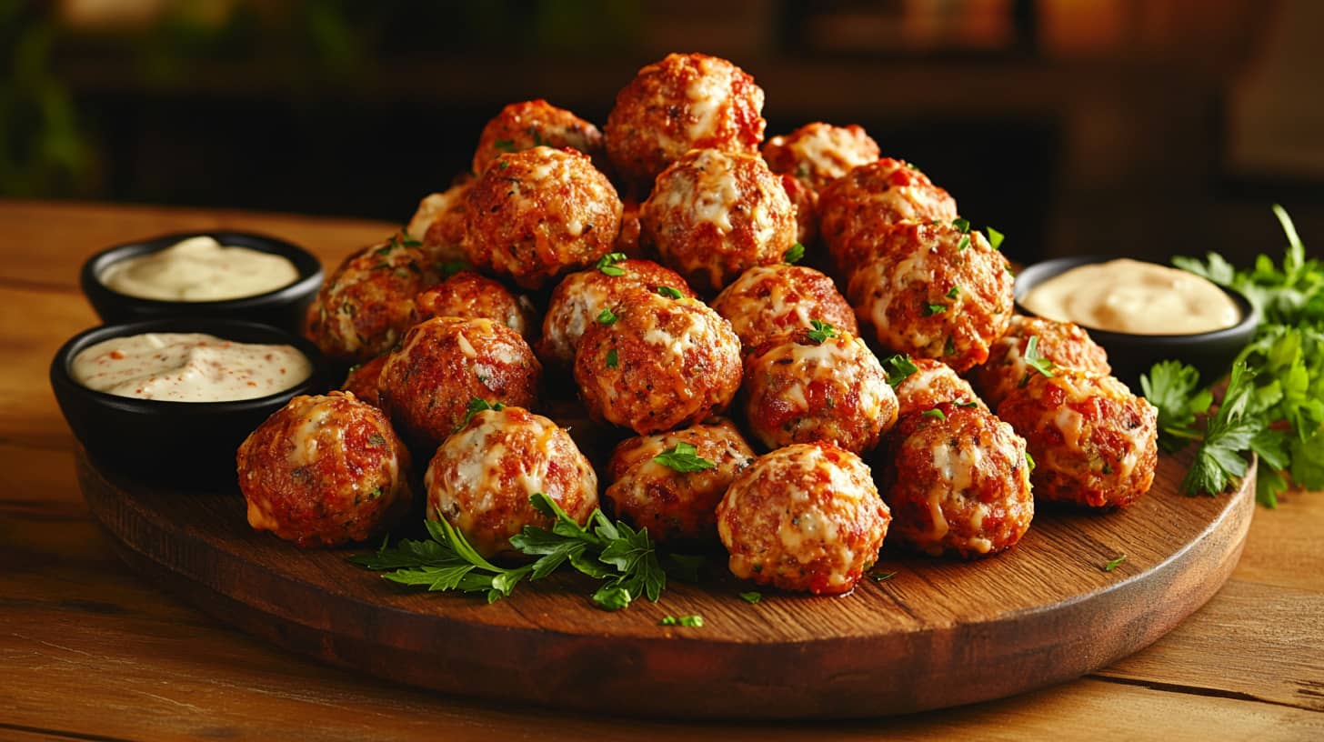 Golden brown Rotel Cream Cheese Sausage Balls on a wooden platter with dipping sauces and parsley garnish