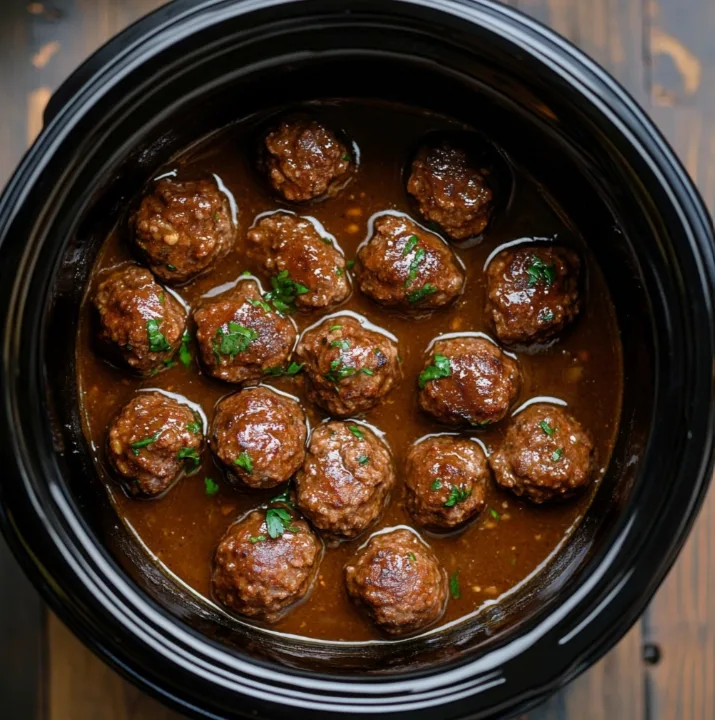 Salisbury Steak Meatballs Cooking in Slow Cooker