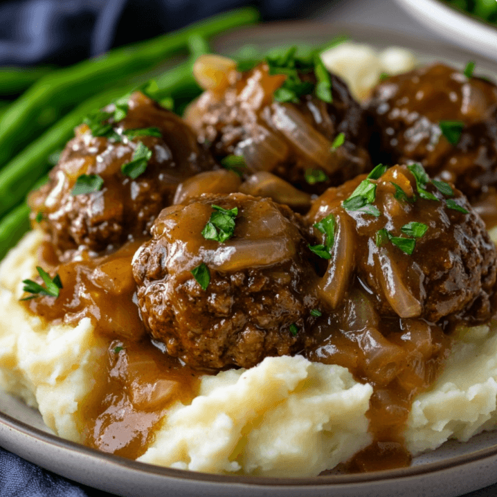 Salisbury steak meatballs with onion soup mix on a plate with mashed potatoes and gravy