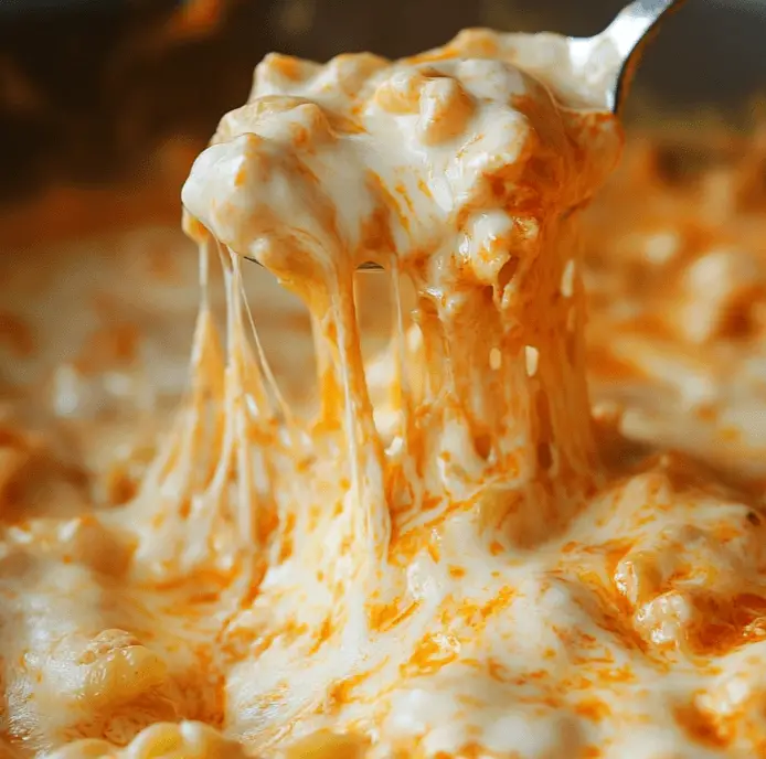 Spoon scooping Buffalo Chicken Mac and Cheese Crockpot with melted cheese