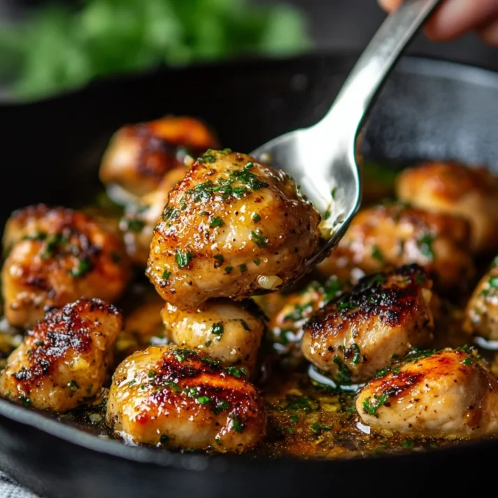  Cooking garlic butter chicken bites in a cast-iron skillet with garlic butter sauce.