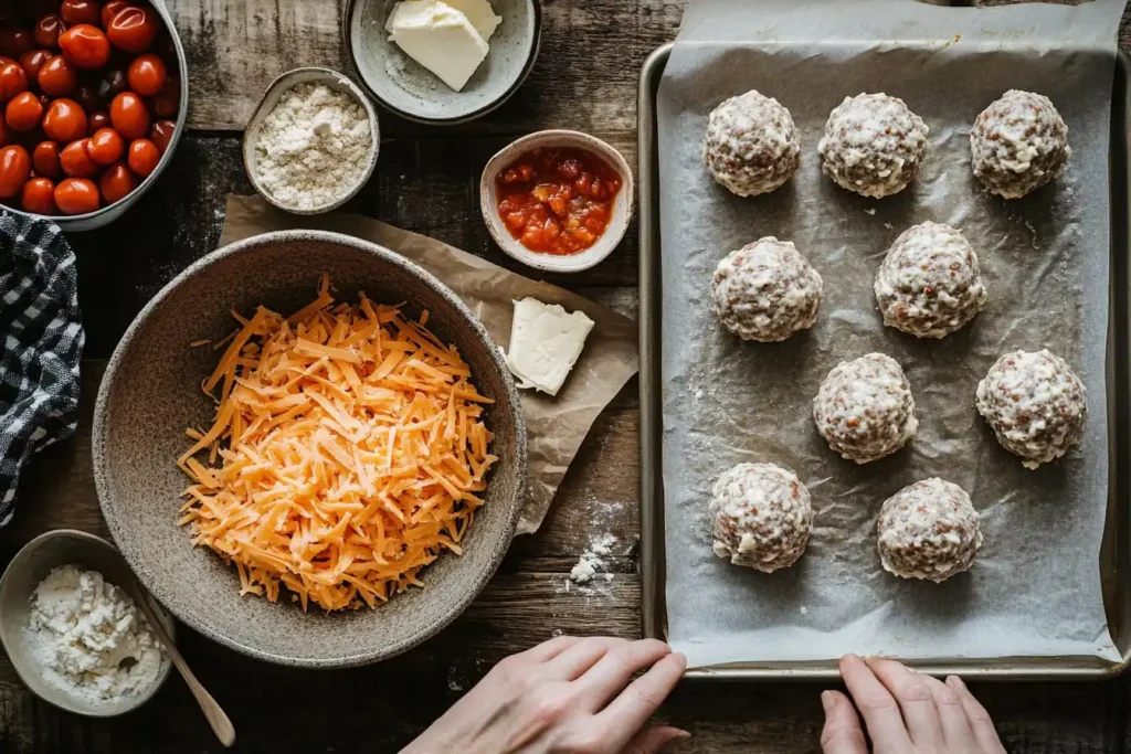 Ingredients and step-by-step preparation of Rotel Cream Cheese Sausage Balls​​, including sausage, cheese, Rotel tomatoes, and baking mix.