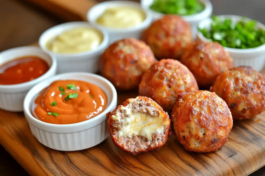  A variety of dipping sauces for Rotel Cream Cheese Sausage Balls​​, including ranch, spicy mayo, honey mustard, and cheese sauce.