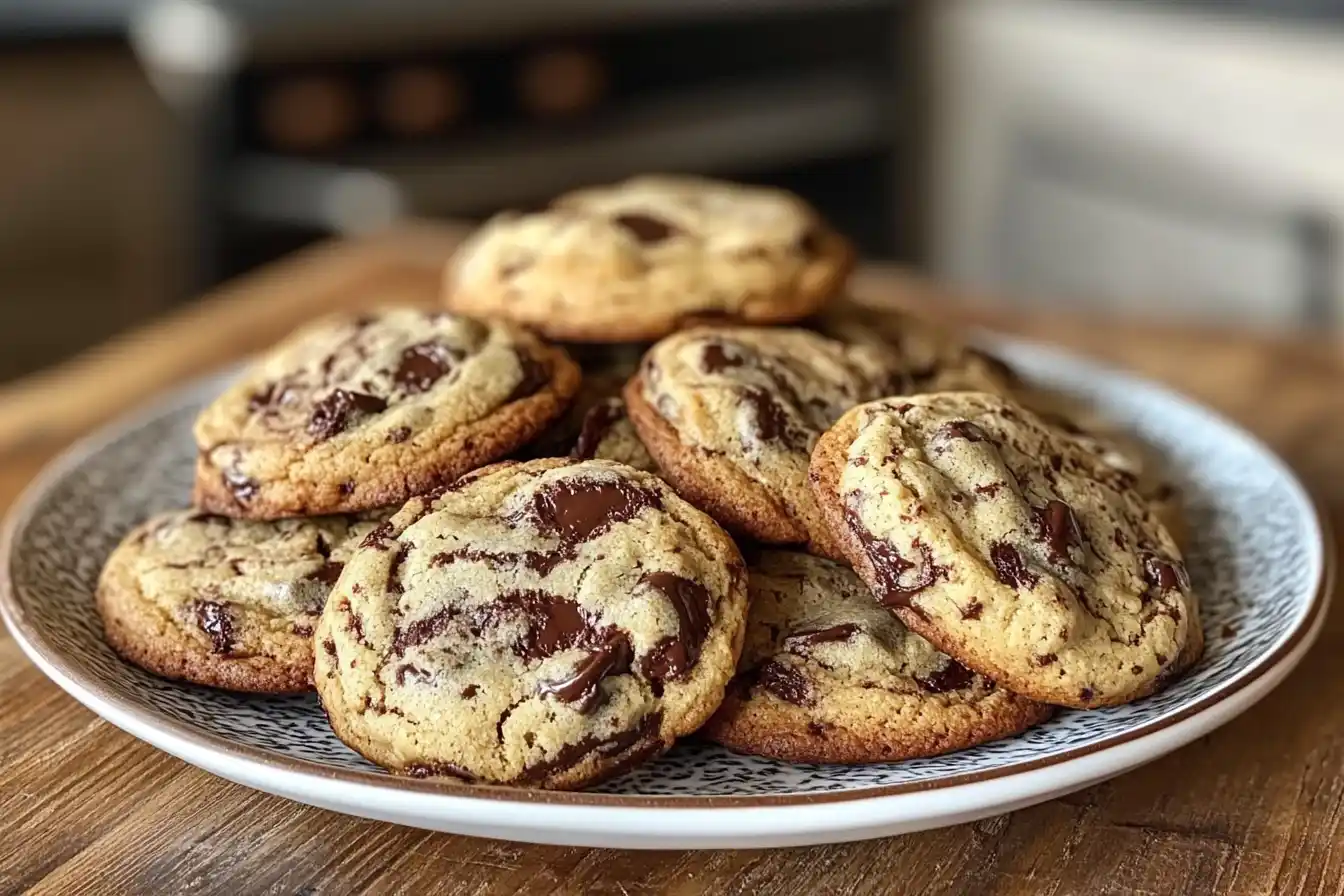 A plate of warm, freshly baked Disney-style chocolate chip cookies with a gooey center and golden-brown edges, placed on a wooden kitchen counter.