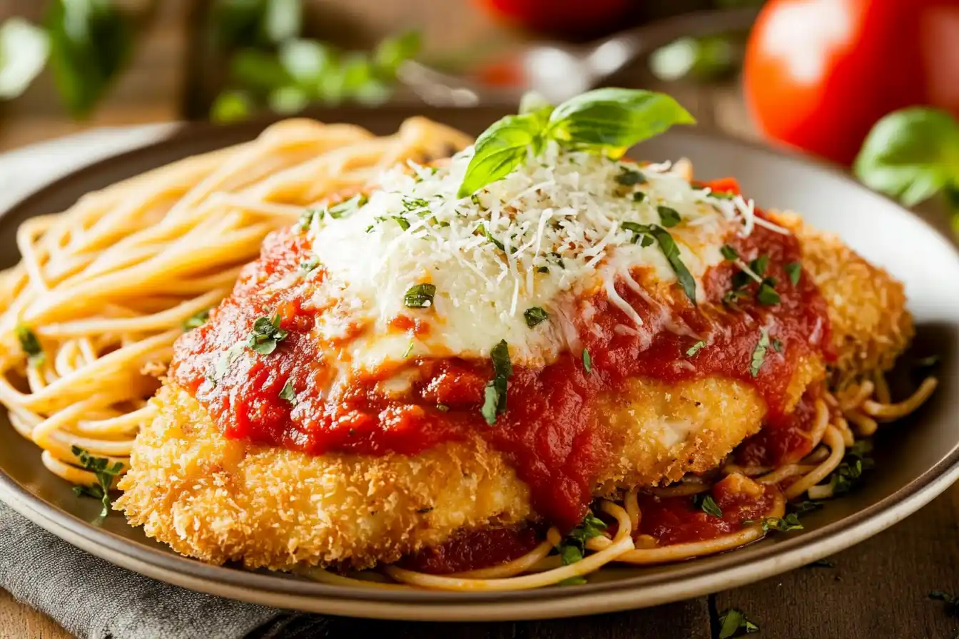 A crispy, golden-brown Chicken Parmigiana served on a plate with a rich marinara sauce and a sprinkle of freshly grated Parmesan cheese to know What is the Difference Between Chicken Parmigiana and Parmesan?
