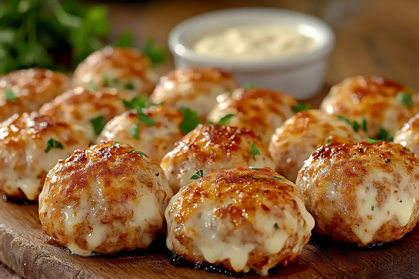 Rotel Cream Cheese Sausage Balls​​ served on a rustic wooden platter with a creamy dipping sauce and fresh herbs.
