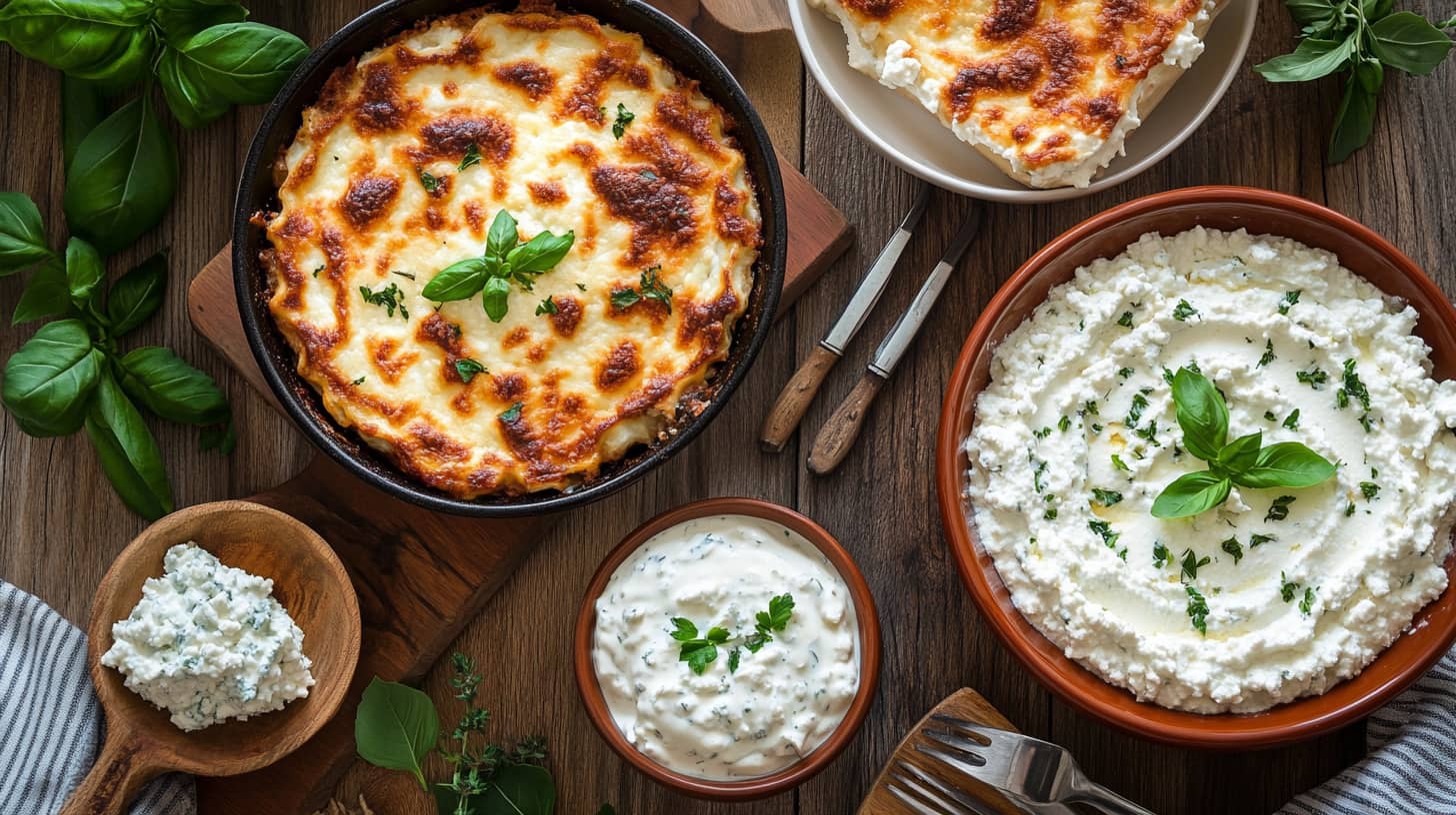 A variety of dishes made with cottage cheese, including lasagna, dip, and a bowl of plain cottage cheese with fresh herbs.