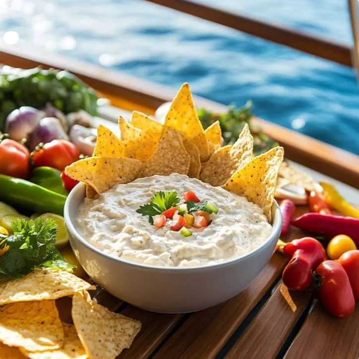 Boat Dip served with chips, crackers, and veggies.