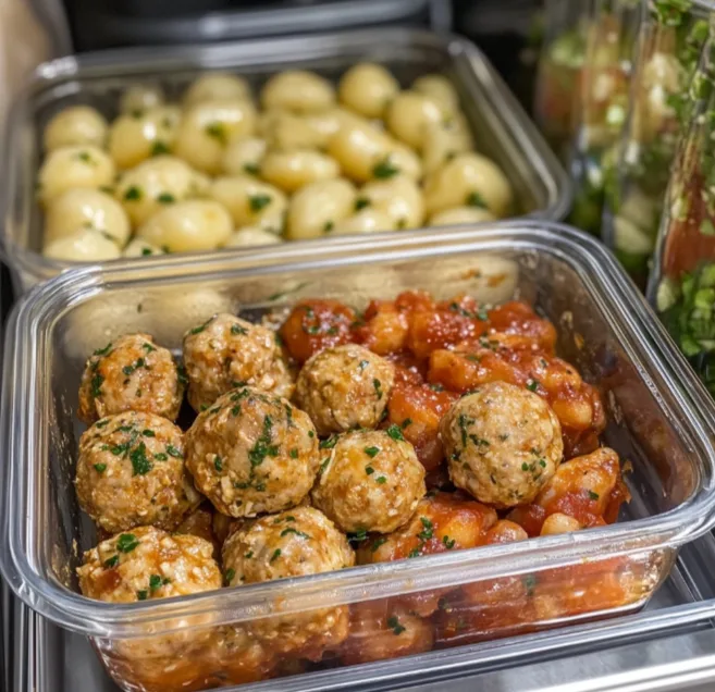 airtight container with Tuscan chicken meatballs and gnocchi stored in a fridge