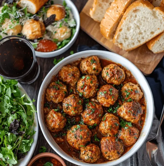 full dinner table setup with a bowl of Tuscan chicken meatballs, garlic bread, and a side salad.