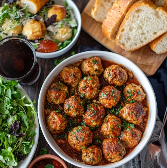 full dinner table setup with a bowl of Tuscan chicken meatballs, garlic bread, and a side salad.