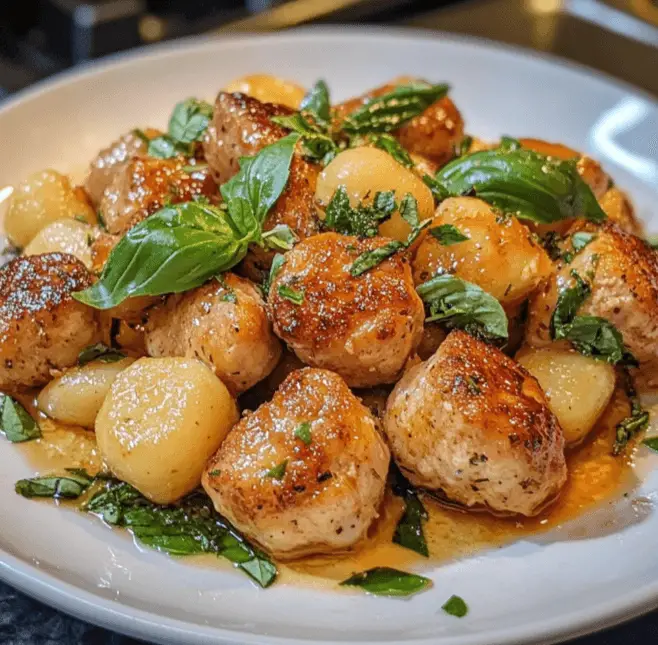 golden-brown chicken meatballs, gnocchi, and fresh basil on top,