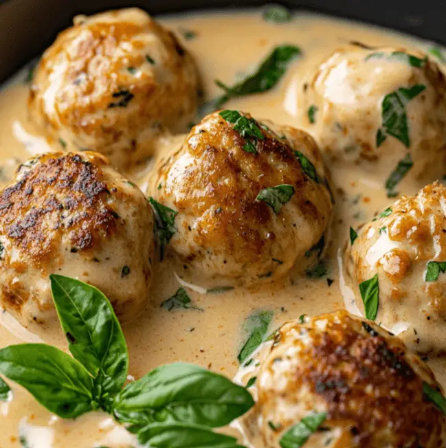 golden-brown chicken meatballs served in creamy Tuscan sauce with fresh basil garnish