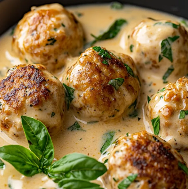 golden-brown chicken meatballs served in creamy Tuscan sauce with fresh basil garnish