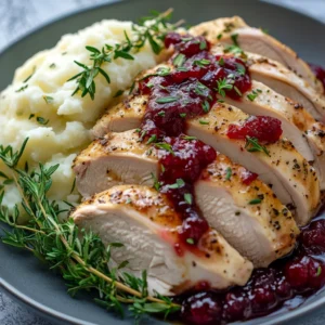 wild turkey plated with mashed potatoes and a side of cranberry sauce, garnished with fresh herbs.