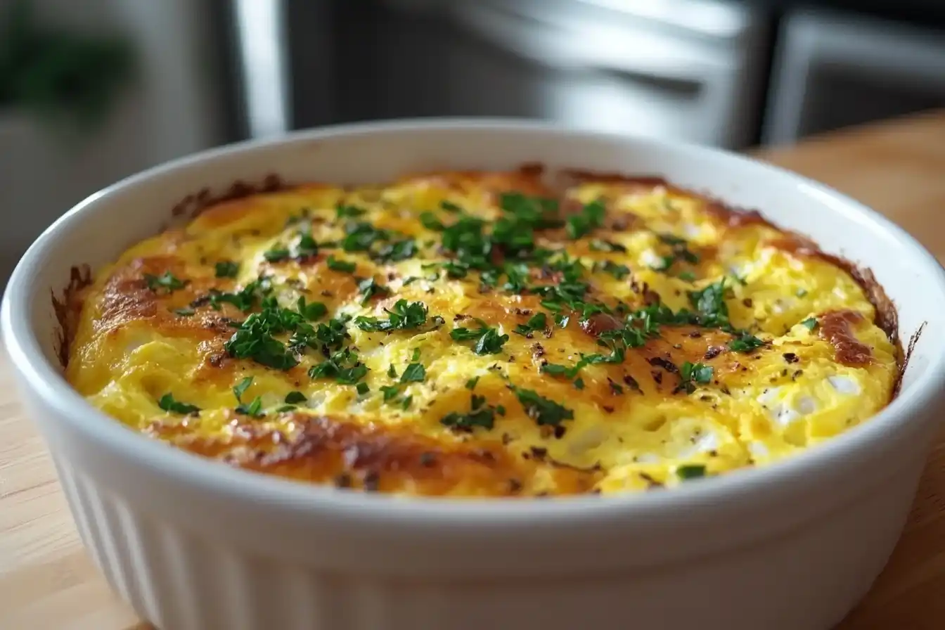 A Freshly Baked Cottage Cheese Egg Bake In A White Ceramic Dish On A Rustic Wooden Counter In A Sleek Modern Kitchen.