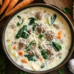 Creamy Parmesan Italian Sausage Soup stored in a glass container in the fridge.