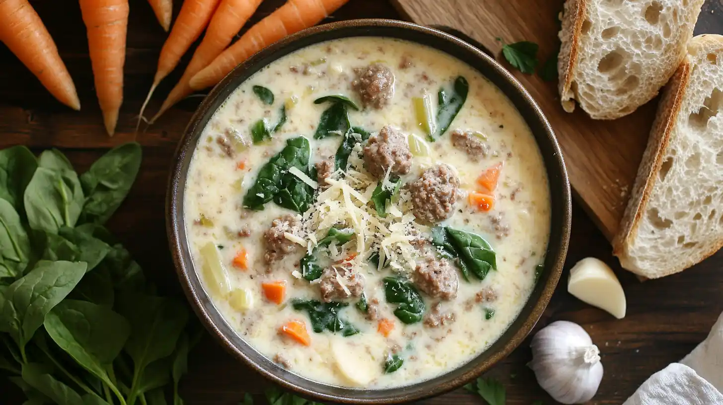 Creamy Parmesan Italian Sausage Soup stored in a glass container in the fridge.