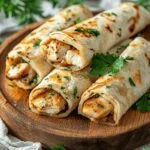 Cheesy Garlic Chicken Wraps Served On A Wooden