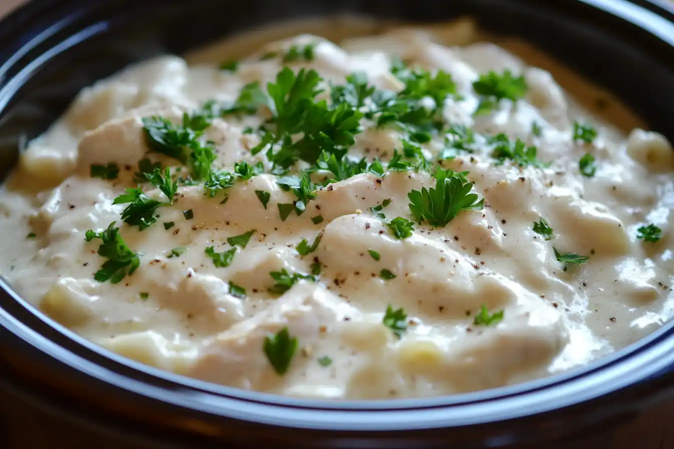 Creamy Chicken Alfredo Crockpot Dish In A Rustic Setting