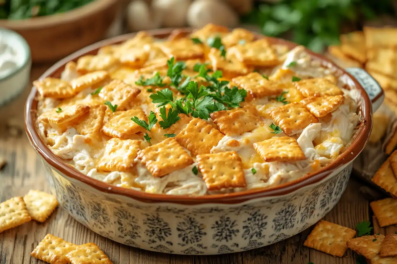 A creamy, golden-baked million dollar chicken casserole in a decorative baking dish garnished with fresh parsley