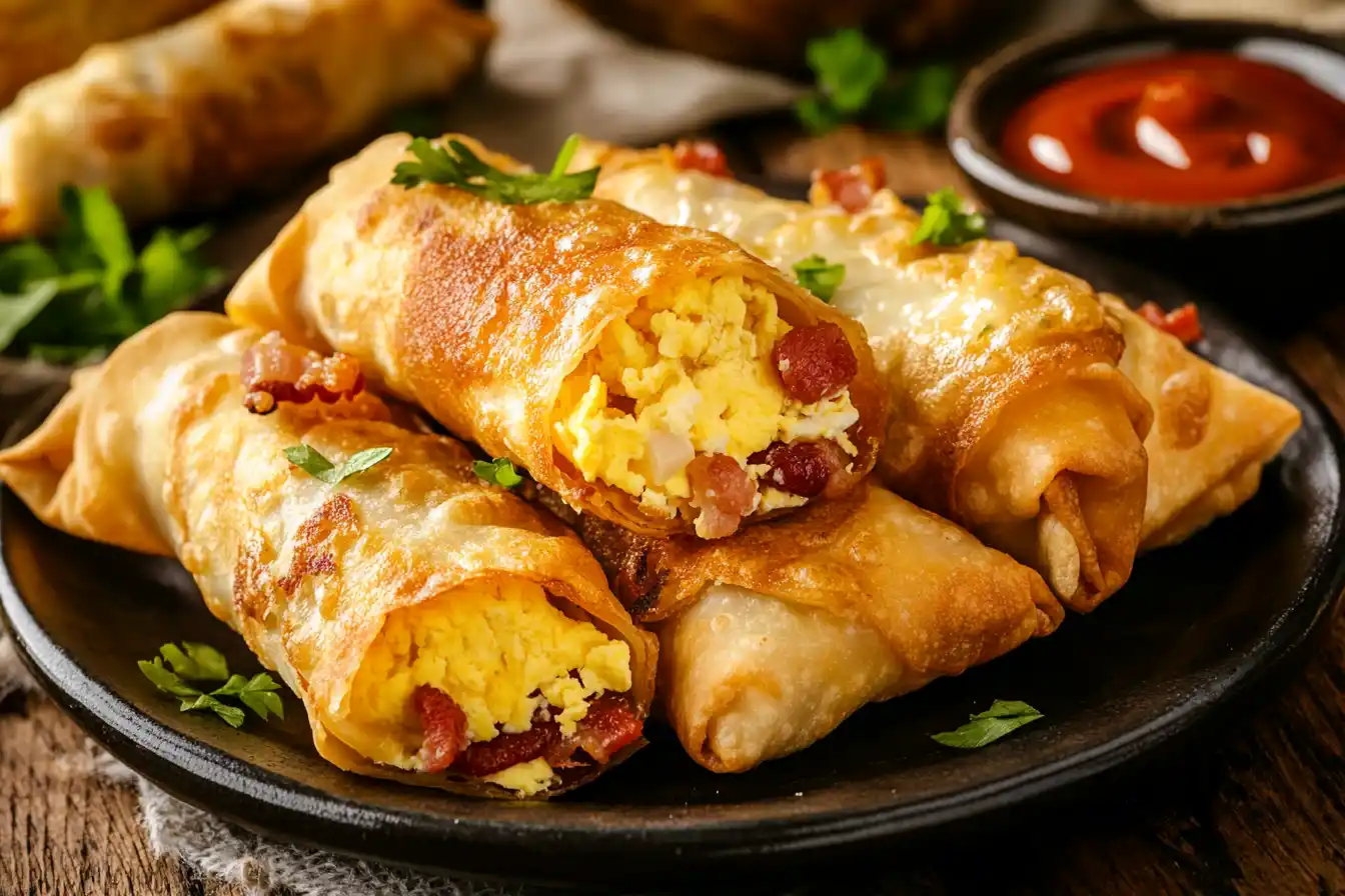 A plate of crispy breakfast egg rolls filled with scrambled eggs, bacon, and cheese, served with dipping sauce.