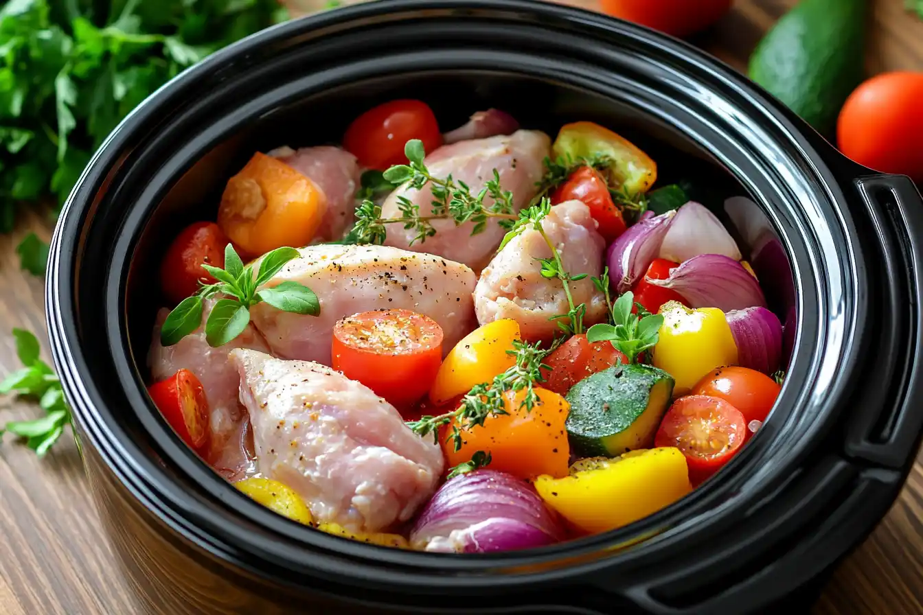 A Crock Pot with frozen chicken and fresh herbs inside, ready to cook into a hearty meal.