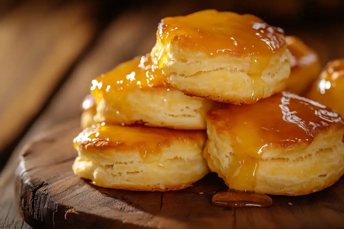 Golden honey butter biscuits with a glossy honey glaze on a rustic wooden table.