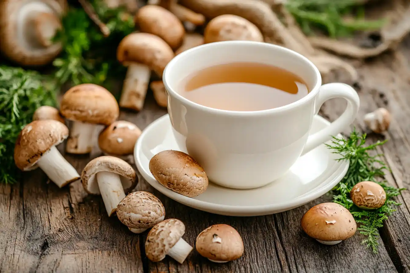 A cup of mushroom tea surrounded by fresh Reishi and Chaga mushrooms.