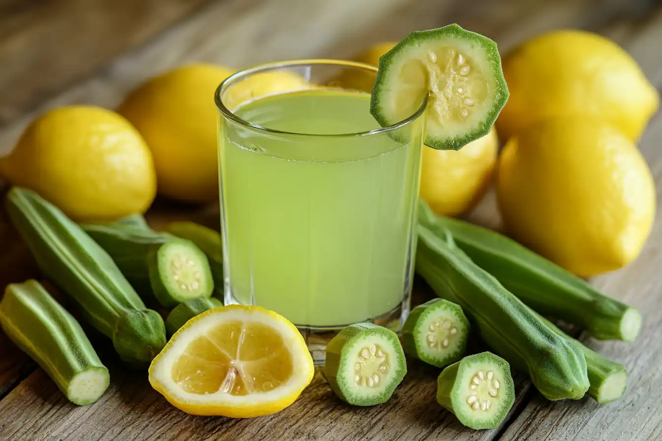 A glass of freshly prepared Okra and Lemon Water Shot Recipe with sliced okra pods and lemons on a wooden surface.