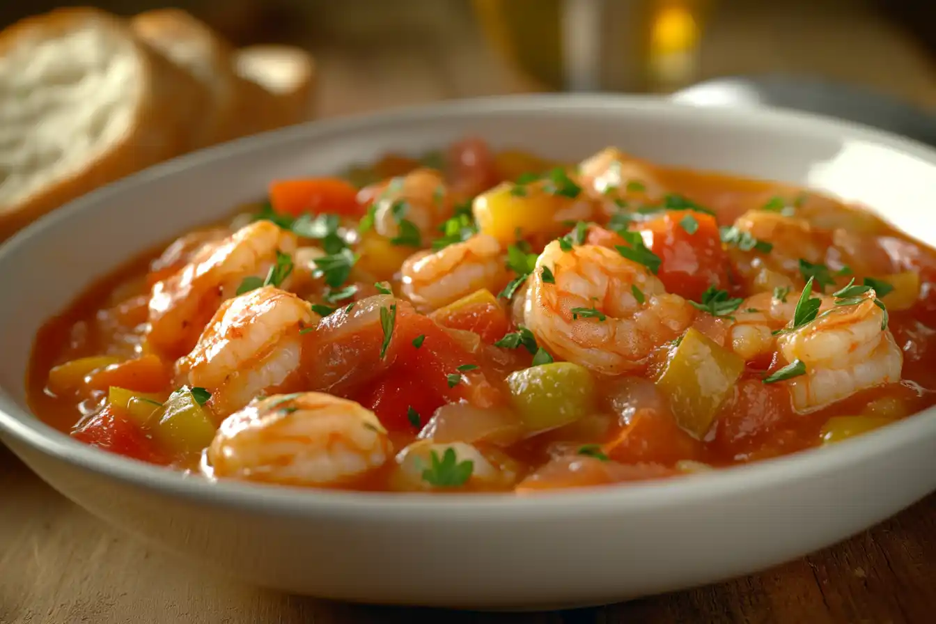 A bowl of shrimp stew with a rich, flavorful broth, garnished with fresh herbs and served with crusty bread.