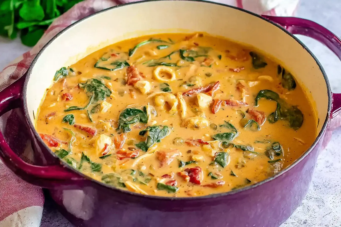 Creamy Marry Me Chicken Soup with spinach, sun-dried tomatoes, and tender chicken simmering in a Dutch oven.