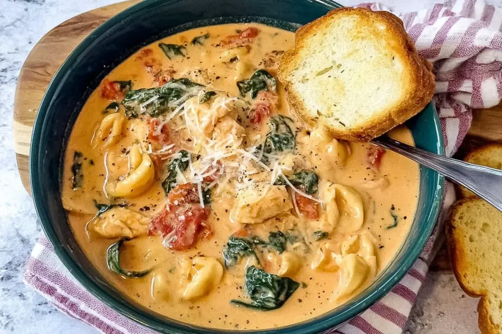 Bowl of creamy Marry Me Chicken Soup with tortellini, spinach, and Parmesan, served with toasted bread.