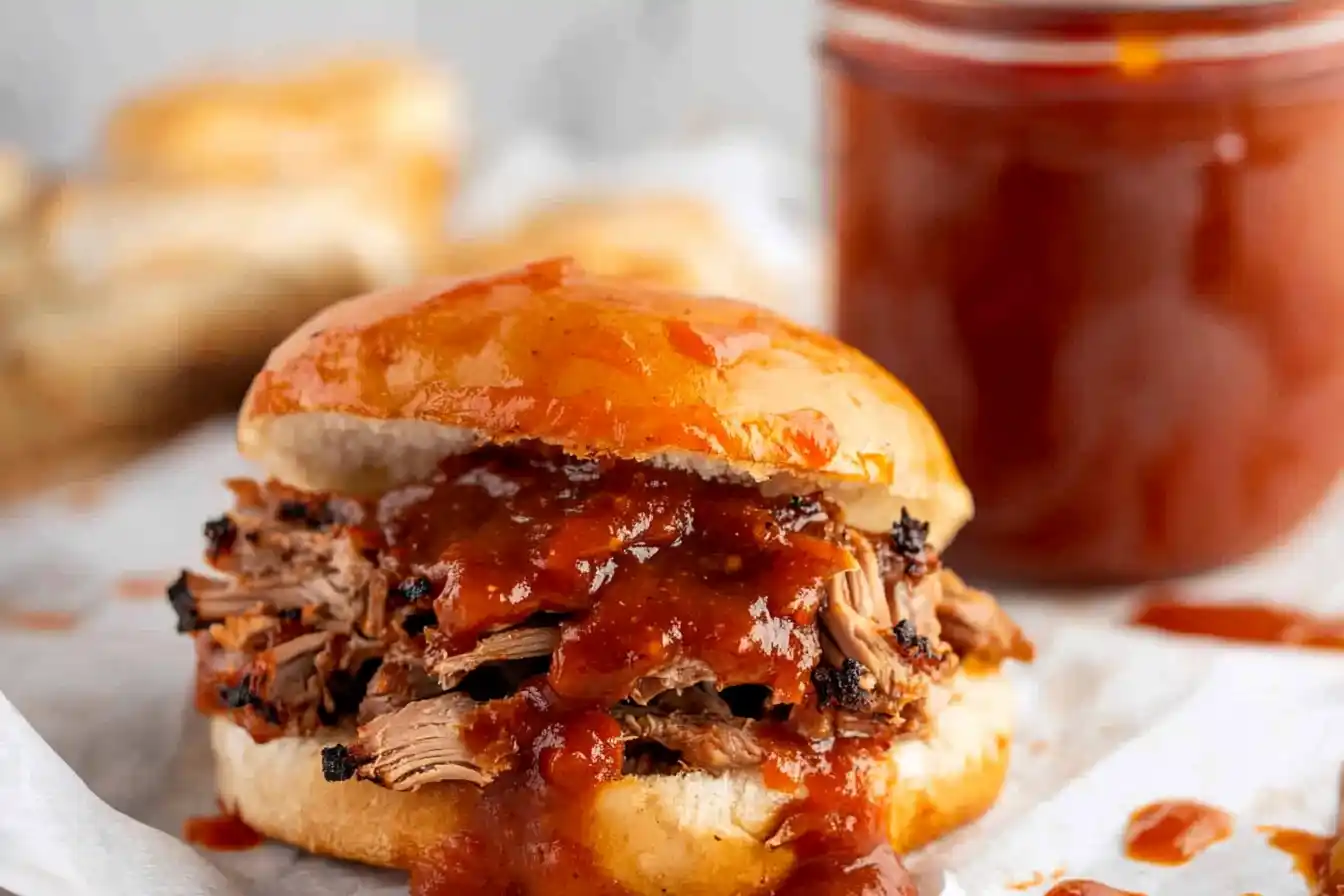 A Homemade Carolina Gold BBQ Sauce with mustard, honey, and spices, surrounded by grilled meats and fresh ingredients.