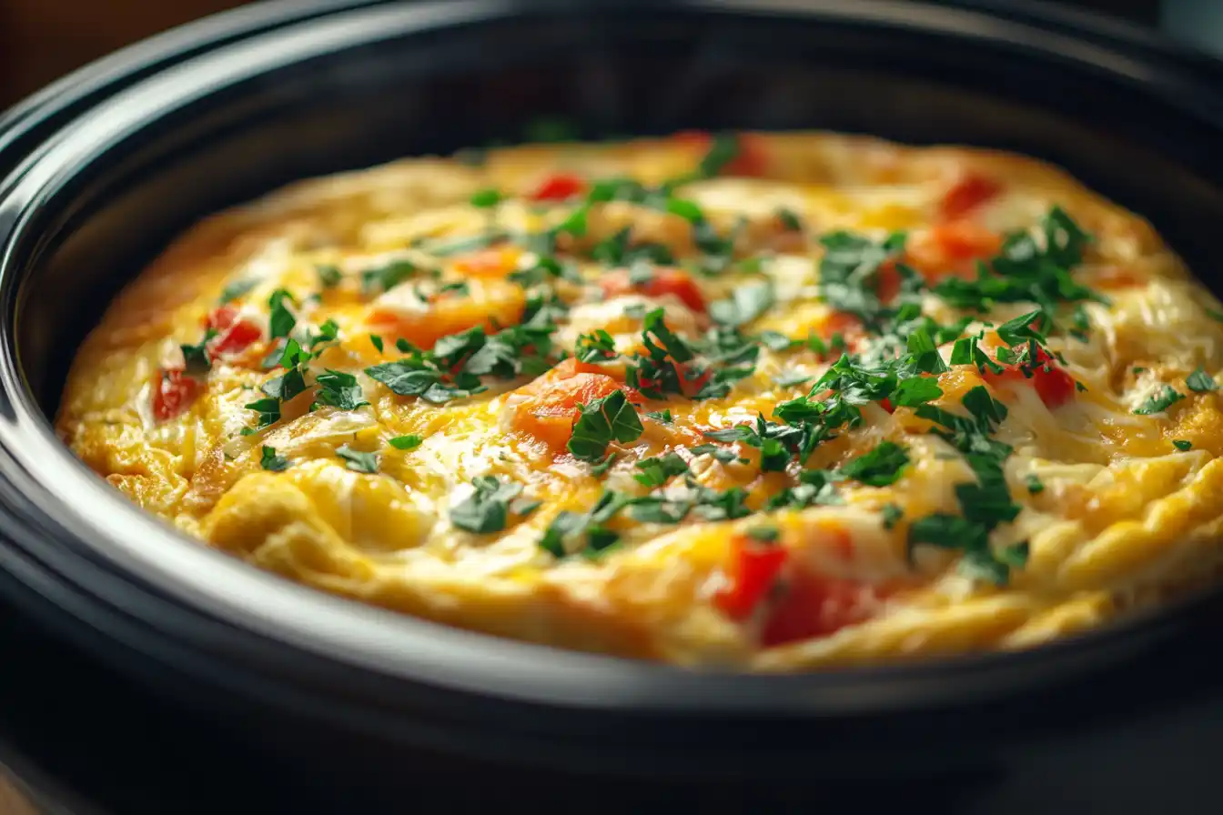 A fluffy, golden omelette in a slow cooker, garnished with fresh herbs and cheese, served on a plate.