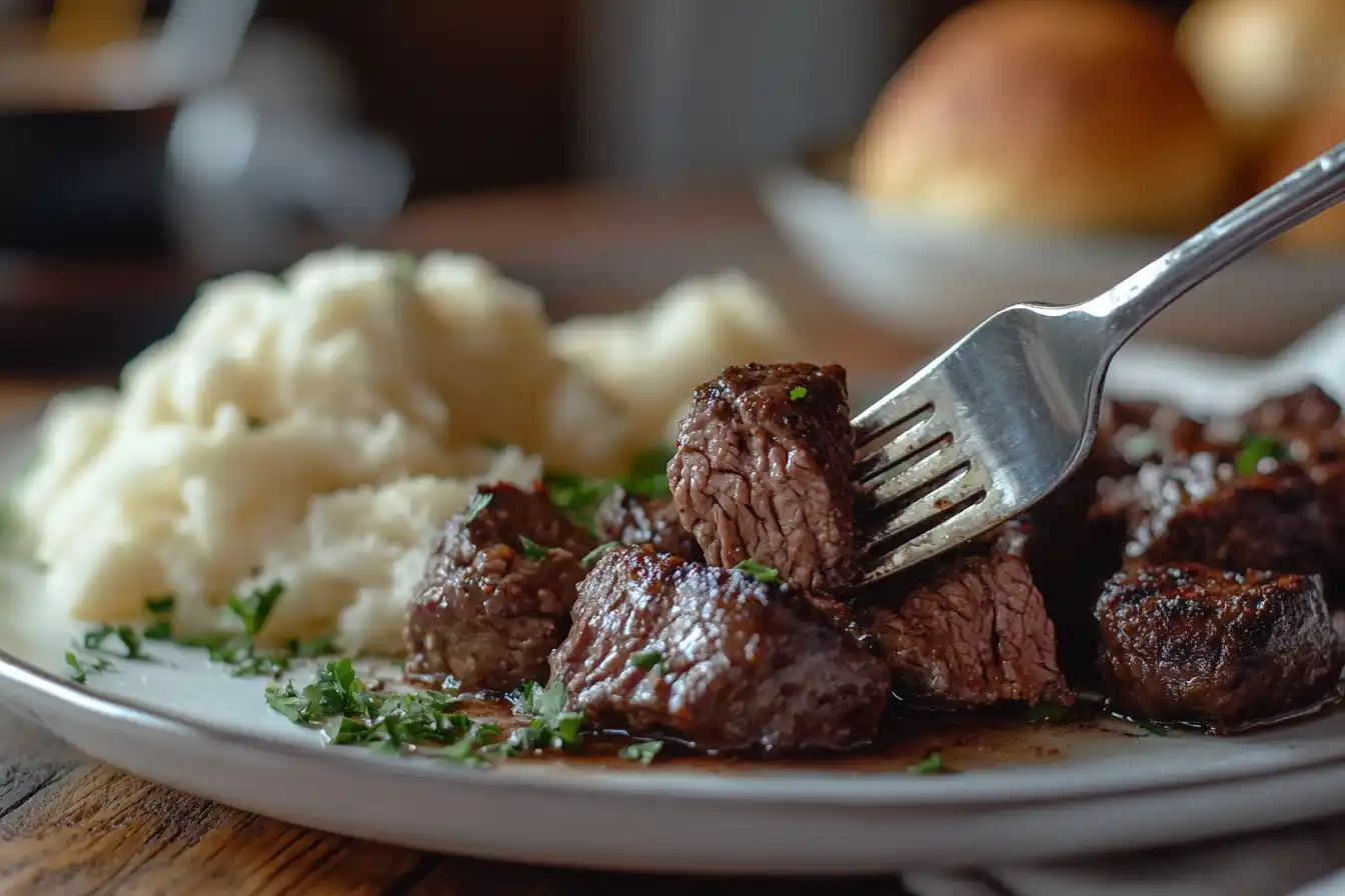 No Peek Beef Tips on a rustic table