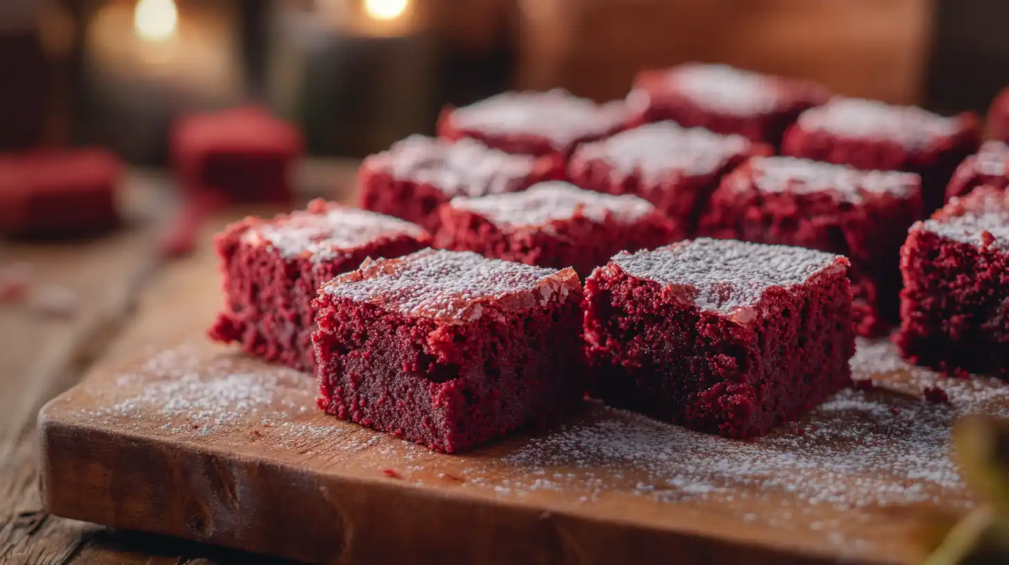 A freshly baked batch of red velvet brownies, cut into squares, showcasing their deep red color and fudgy texture.