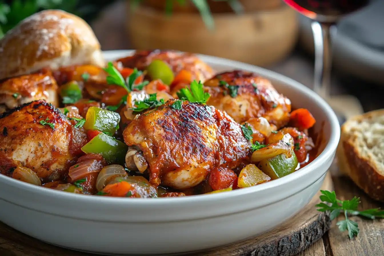 A delicious Chicken Cacciatore Slow Cooker served in a bowl with rich tomato sauce, bell peppers, and fresh herbs