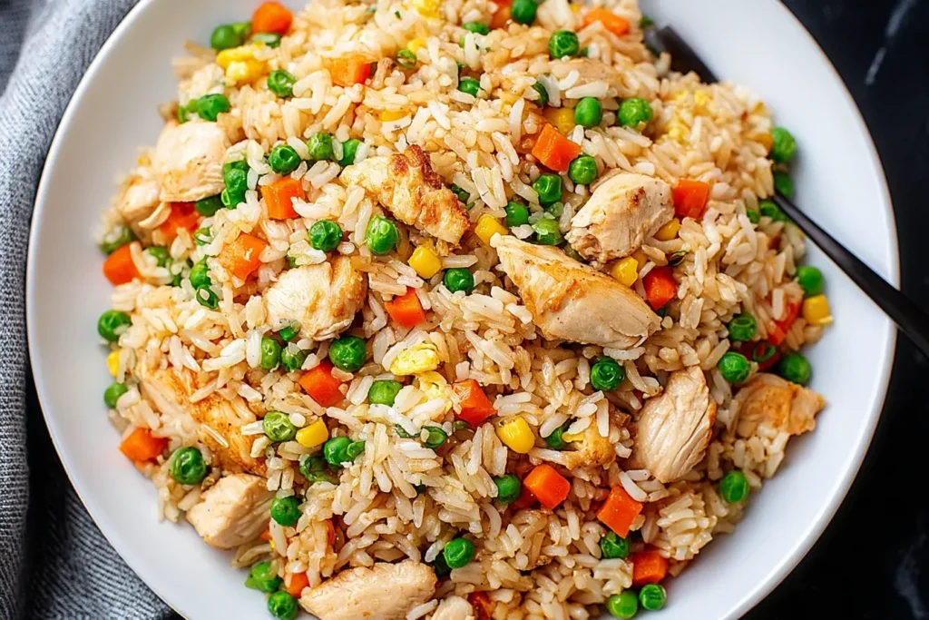 Close-up of Crockpot Chicken Fried Rice served in a white bowl with tender chicken, peas, carrots, and rice.