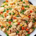 Close-up of Crockpot Chicken Fried Rice served in a white bowl with tender chicken, peas, carrots, and rice.