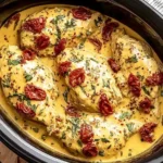 Dump and Go Crockpot Marry Me Chicken in creamy sauce with sun-dried tomatoes and herbs in a slow cooker.